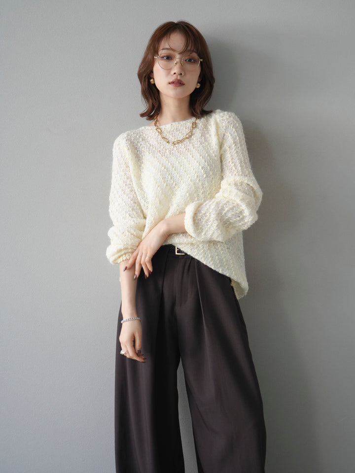 【着回しセット】[SET]求心柄クロップドニットカーディガン+異素材ミックスヤーンニットプルオーバー+ベルトループデザインワイドパンツ(3set)