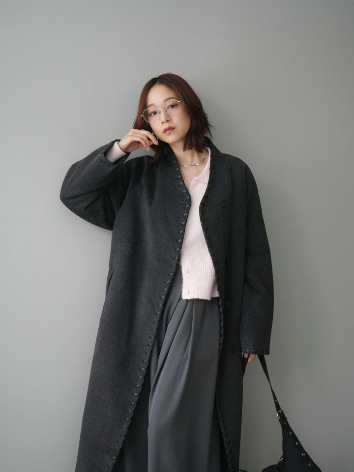 [SET]ハンドステッチ裏中綿ロングコート+モヘア衿付きボタンプルオーバー(2set)