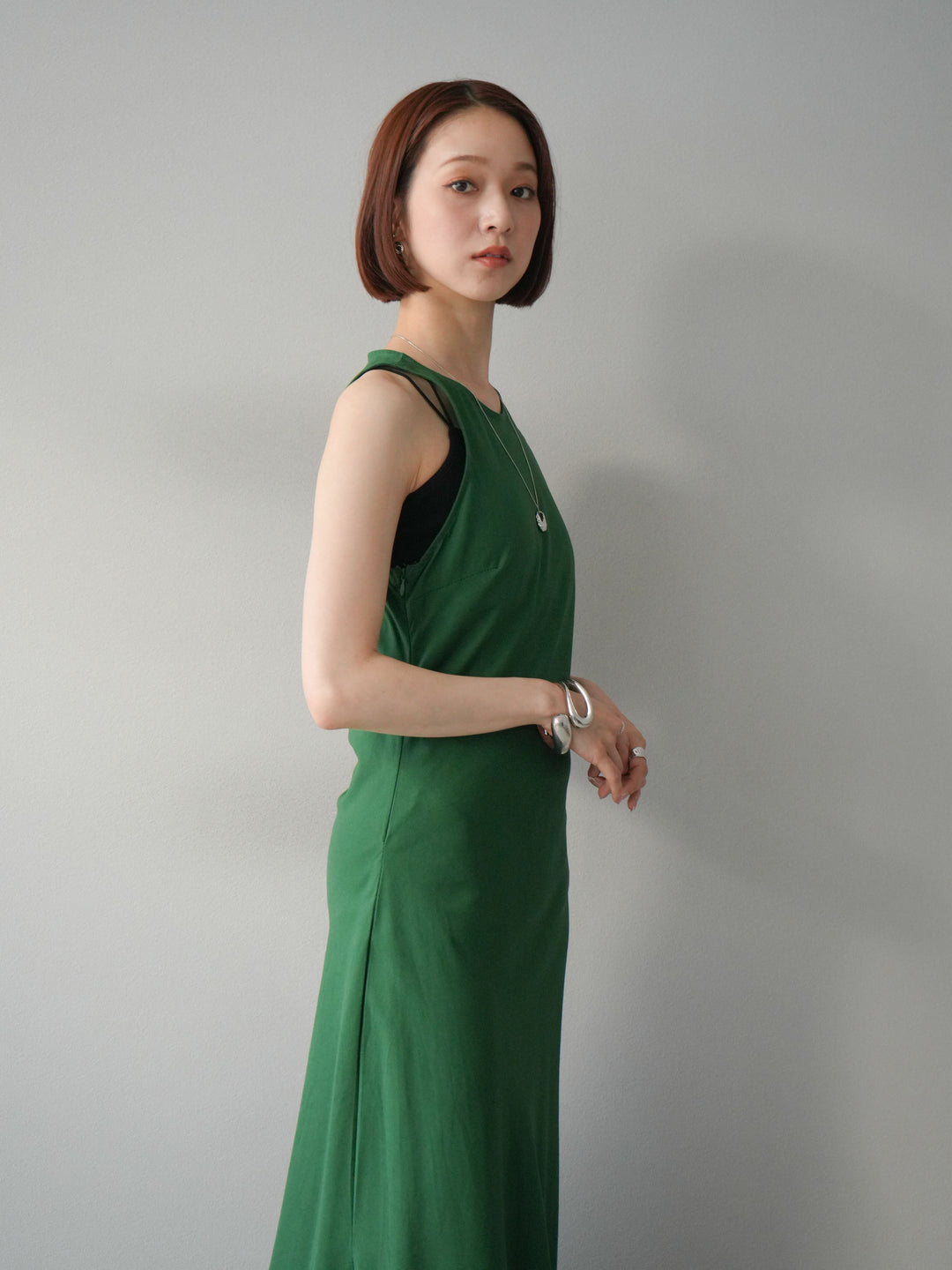 [予約]リネンタッチノースリーブワンピース/グリーン