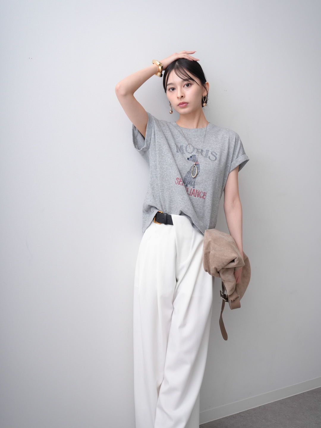 [SET]ドッグエンブロイダリーTEE+アシンメトリーベルトタックワイドパンツ(2set)