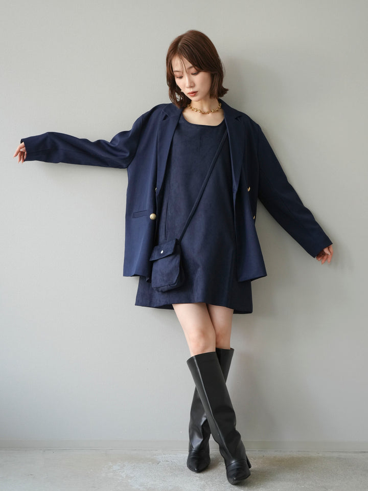 [SET]ゴールドボタンツイルダブルテーラードジャケット+ショルダーポーチ付スウェードミニワンピース(2set)