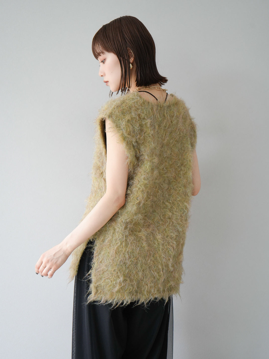 [予約]ウール混ミックスヤーンニットベスト/グリーン