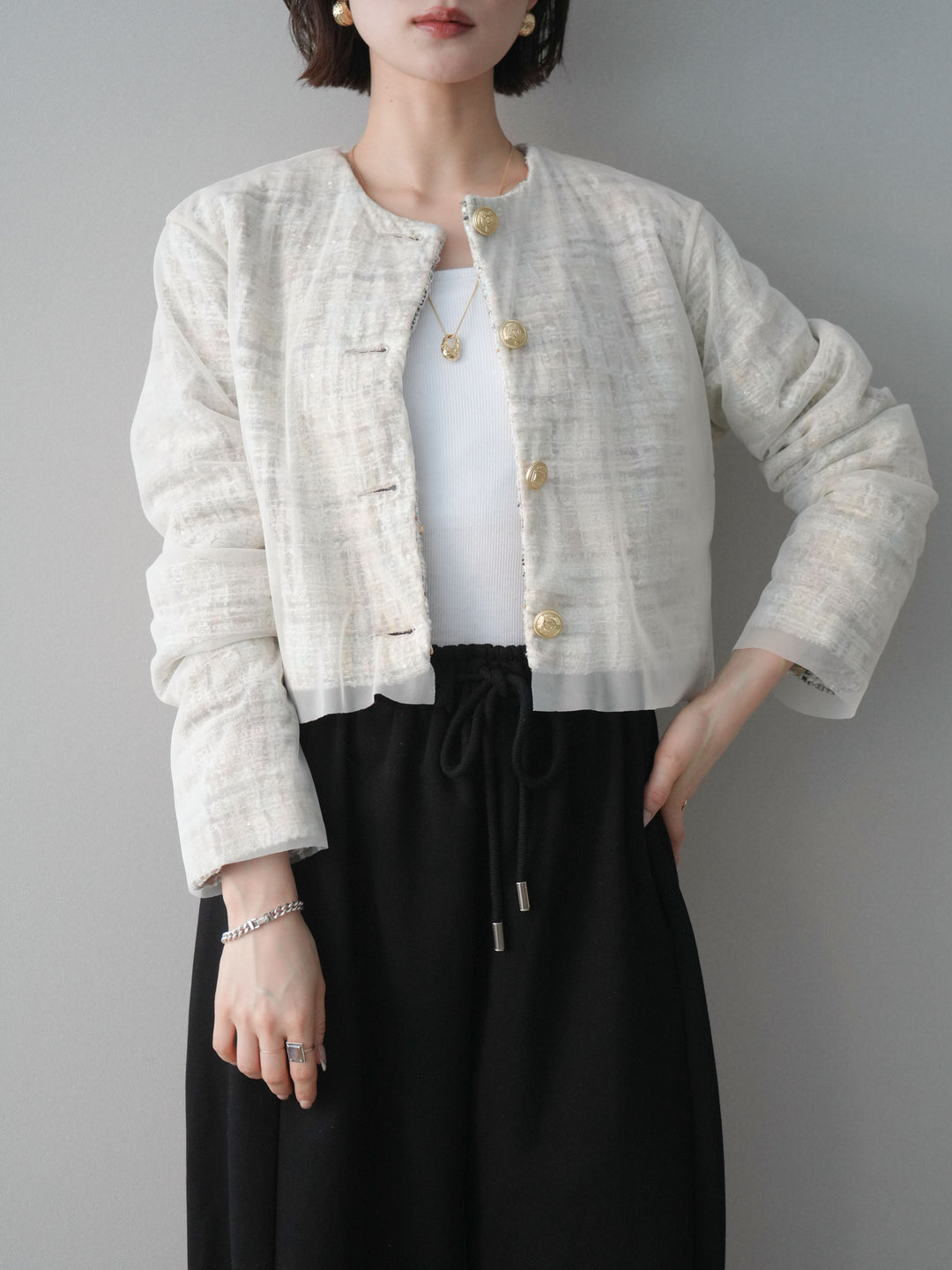 [SET]チュールレイヤードツイードクロップドジャケット+裾ZIPスエットワイドパンツ(2set)