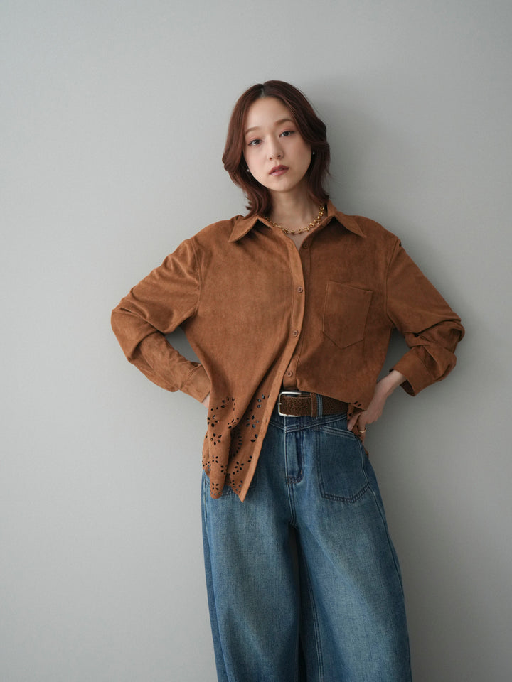 [SET]裾スカラップスエードシャツ+ベルト付裏起毛カーブデニムパンツ(2set)