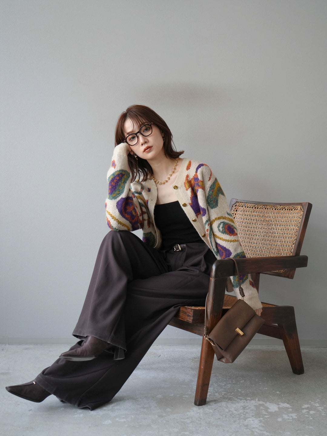 [予約]ミックスヤーンペイズリー柄ニットカーディガン/アイボリー