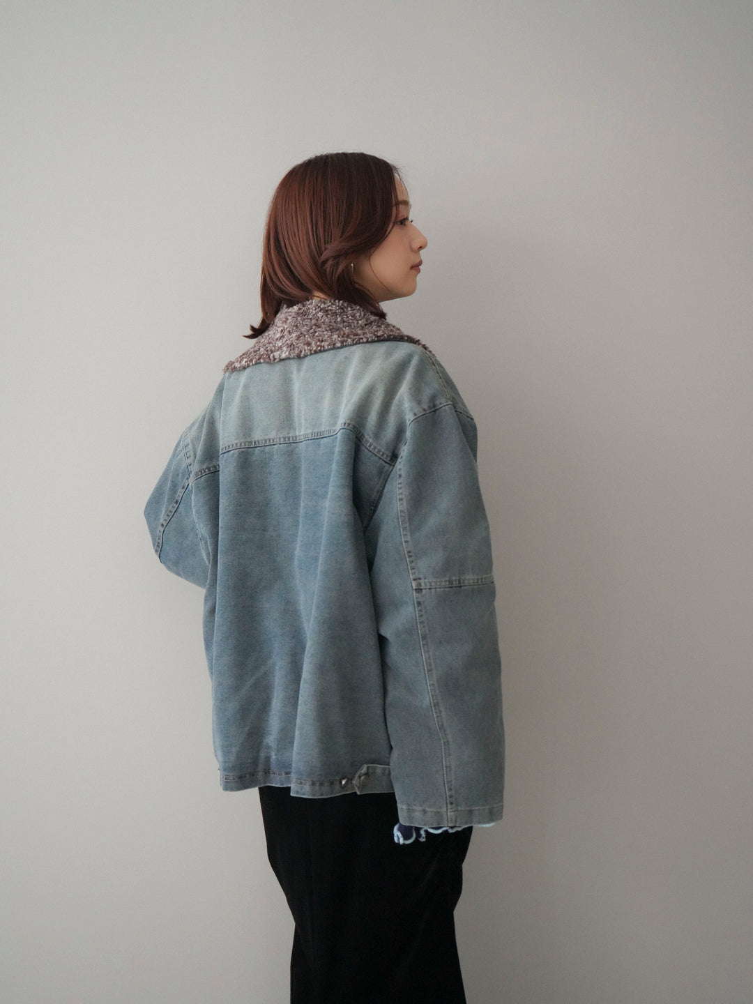 [SET]ミックスボアデニムジャケット+フロントリボン配色メローニットカーディガン(2set)