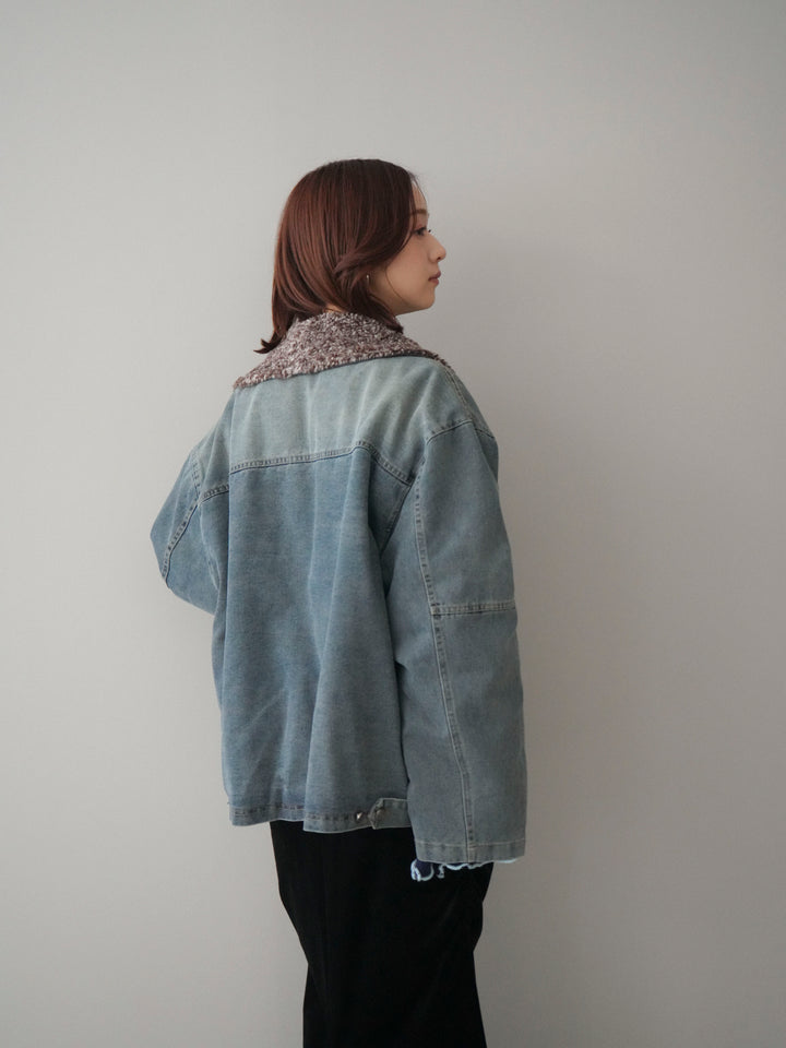 [SET]ミックスボアデニムジャケット+フロントリボン配色メローニットカーディガン(2set)