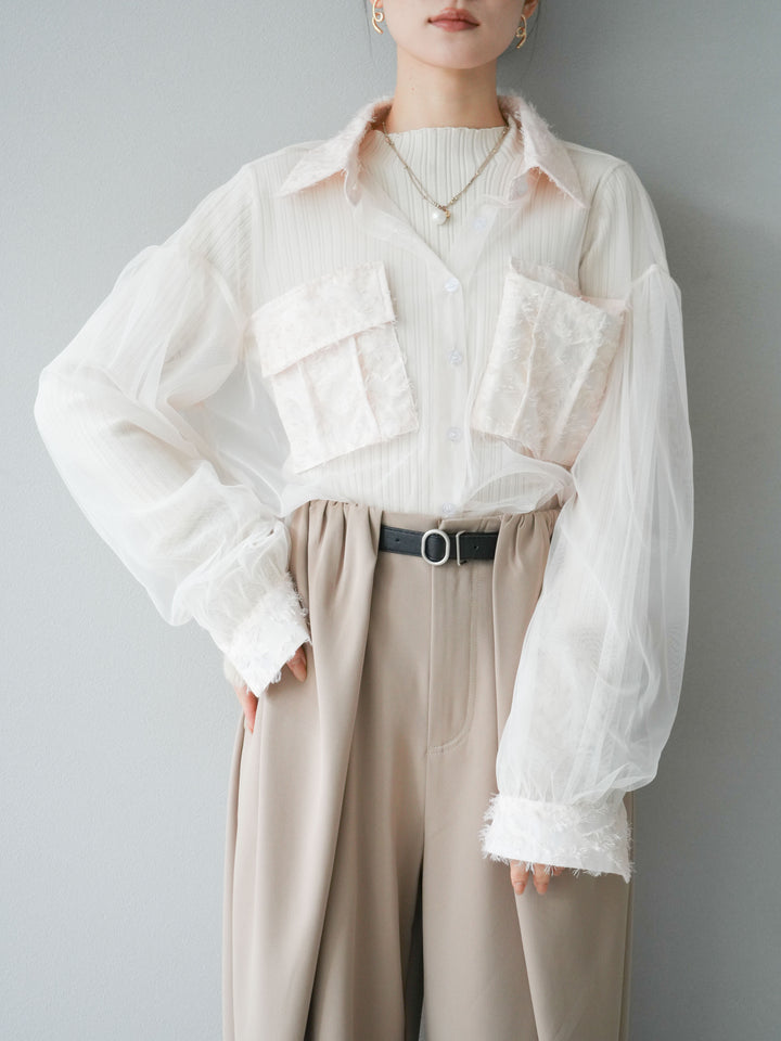 [SET]フリンジジャガード×チュールレイヤードシャツ+アームシャギーランダムリブニットトップス+ベルト付タックワイドパンツ(3set)