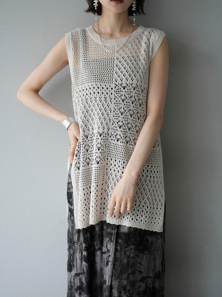 [Pre-order] Openwork side slit knit top/ivory