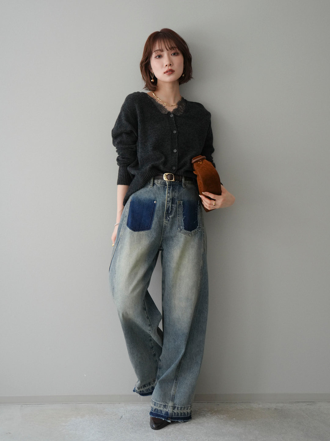 [SET]レースネックニットカーディガン+染めデザインポケットデニムパンツ(2set)