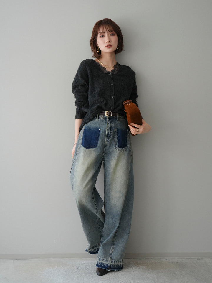 [SET]レースネックニットカーディガン+染めデザインポケットデニムパンツ(2set)