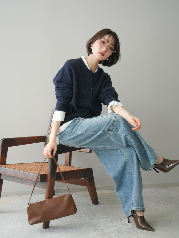 [SET]布帛ドッキングニットカーディガン+ガーメントウォッシュカーブデニムパンツ(2set)