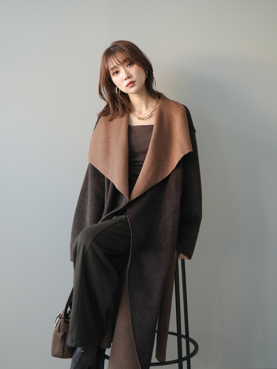 [予約]ダブルフェイスバイカラーロングコート/brown