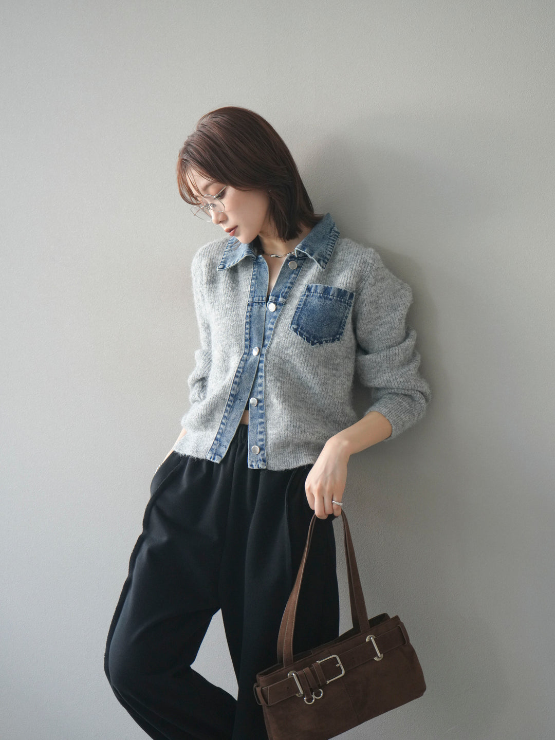 [予約]デニム襟ポケットニットカーディガン/gray