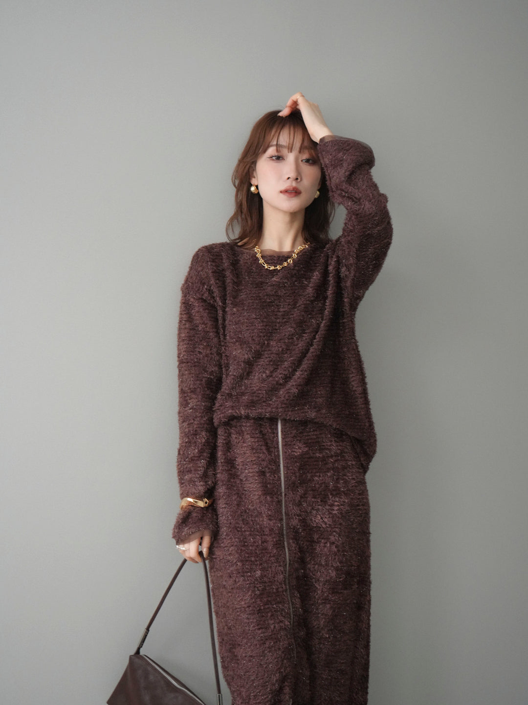 [予約]ラメシャギートップス/brown