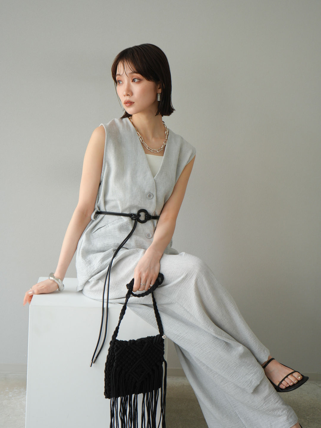 [SET]ベルト付リネンタッチベスト＆ワイドパンツSET UP(2set)