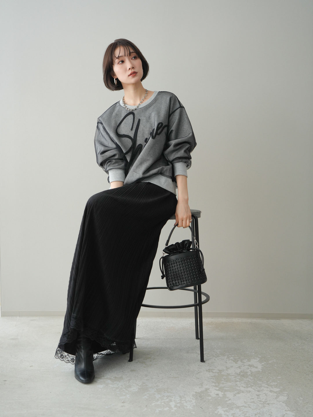 [予約]チュールレイヤードロゴスエットプルオーバー/gray