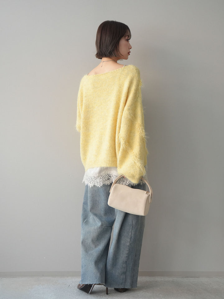 [予約]裏起毛カットオフカーブデニムパンツ/blue