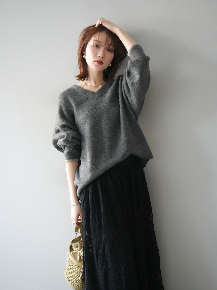 [SET]Vネック配色スリーブニットプルオーバー+選べるアクセセット(2set)