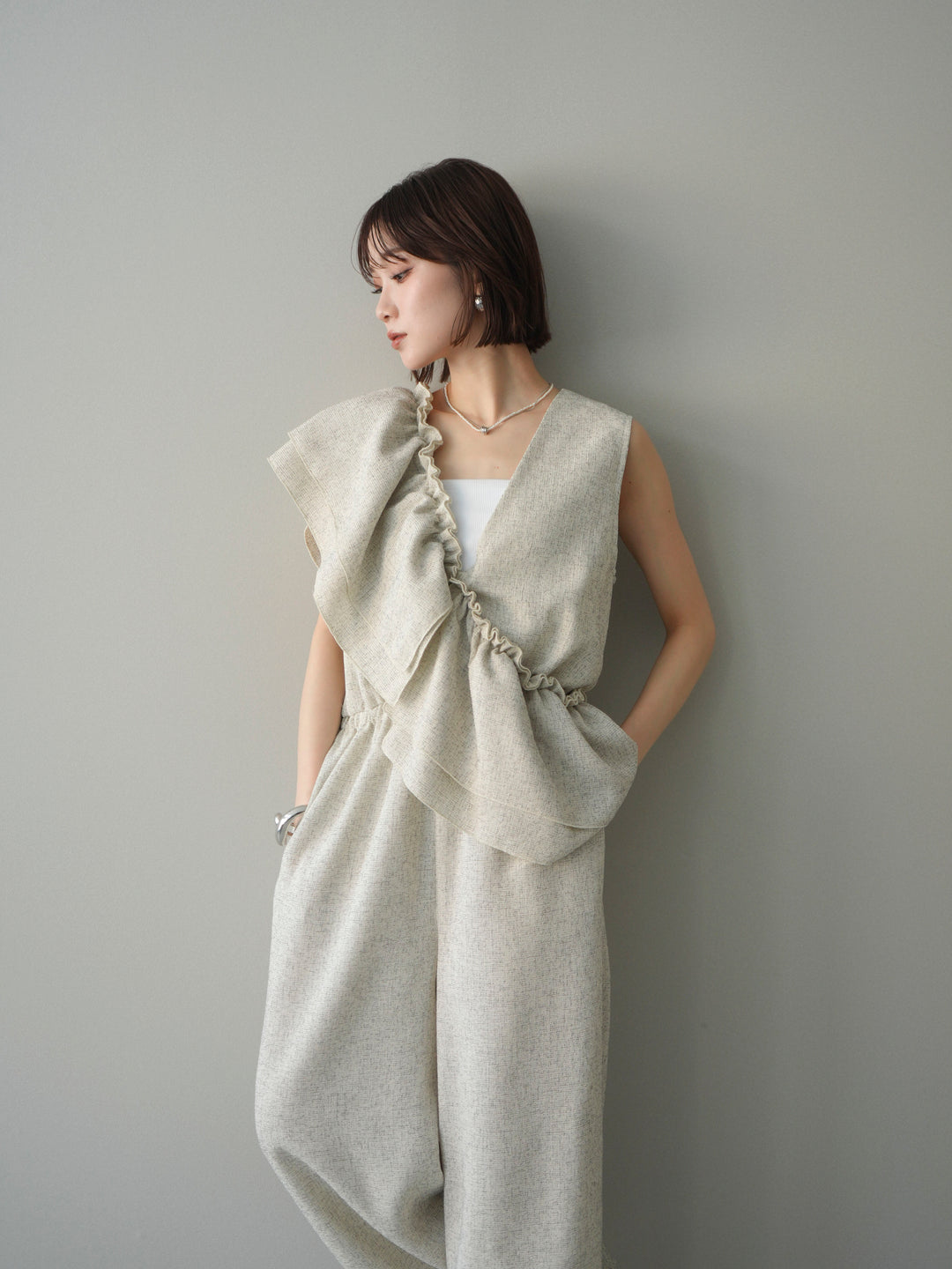 [SET]3WAYミックスツイードギャザーオールインワン+選べるアクセセット(2set)