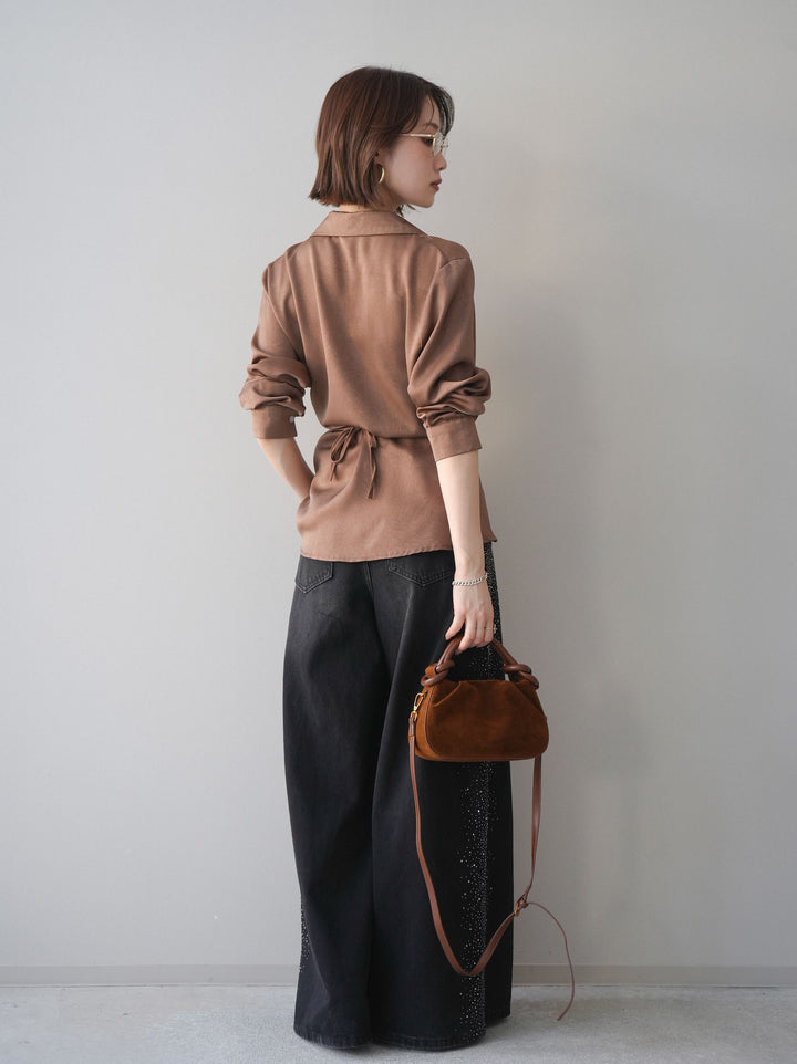 [予約]サイドビジューワイドデニムパンツ/black