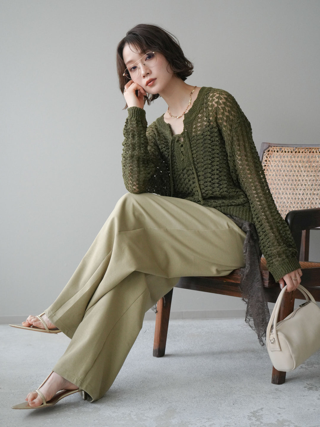 [予約]パネルメッシュニットトップス/khaki