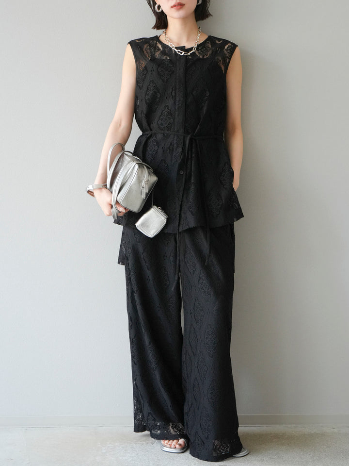 [預購] 蕾絲疊穿休閒褲/黑色