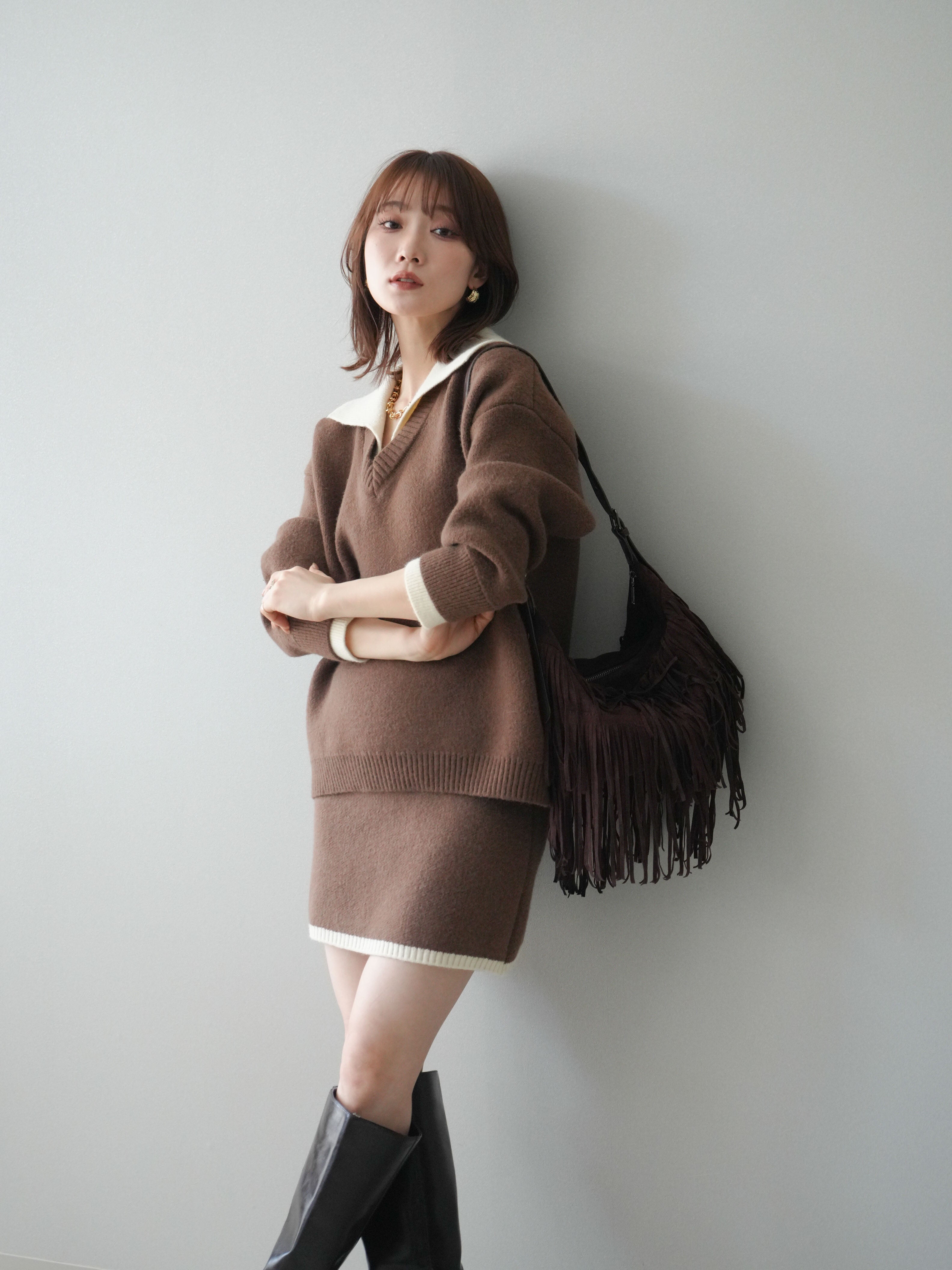 SET]配色襟ニット＆ミニスカートSET UP(2set) – Lumier