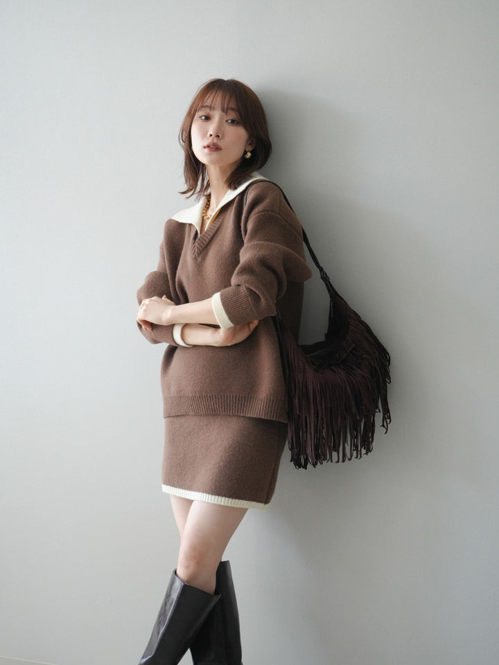 [SET]配色襟ニット＆ミニスカートSET UP(2set)