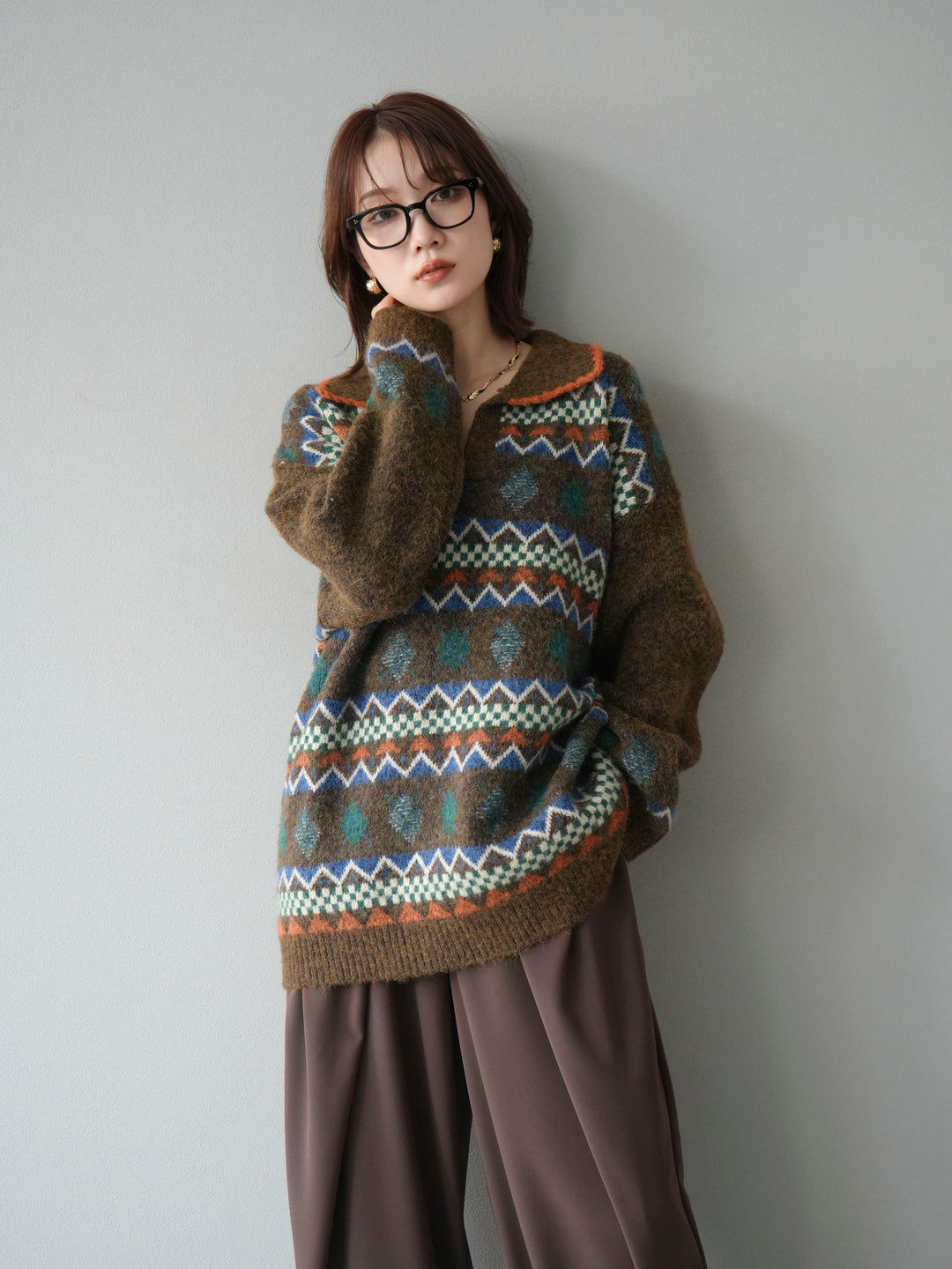 [予約]ノルディック柄ポロニットプルオーバー/ブラウン