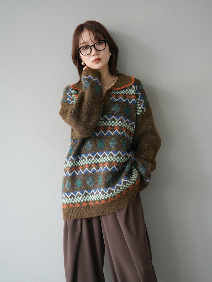 [予約]ノルディック柄ポロニットプルオーバー/ブラウン