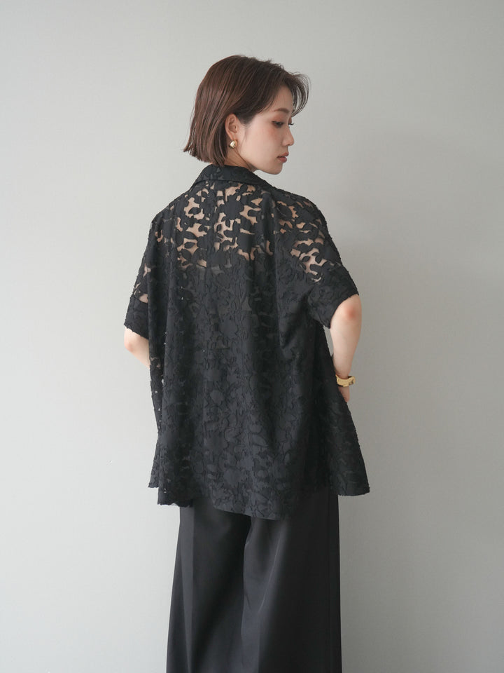 【套裝】花朵蕾絲短袖外套+垂褶收腰帶環長褲（兩件套）