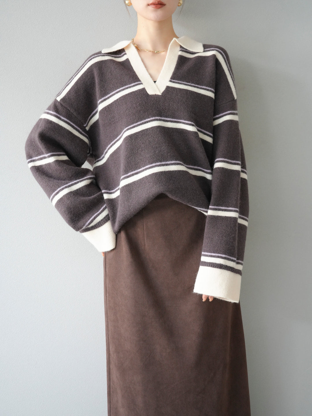 [予約]ポロ襟スキッパーボーダーニットプルオーバー/ブラウン