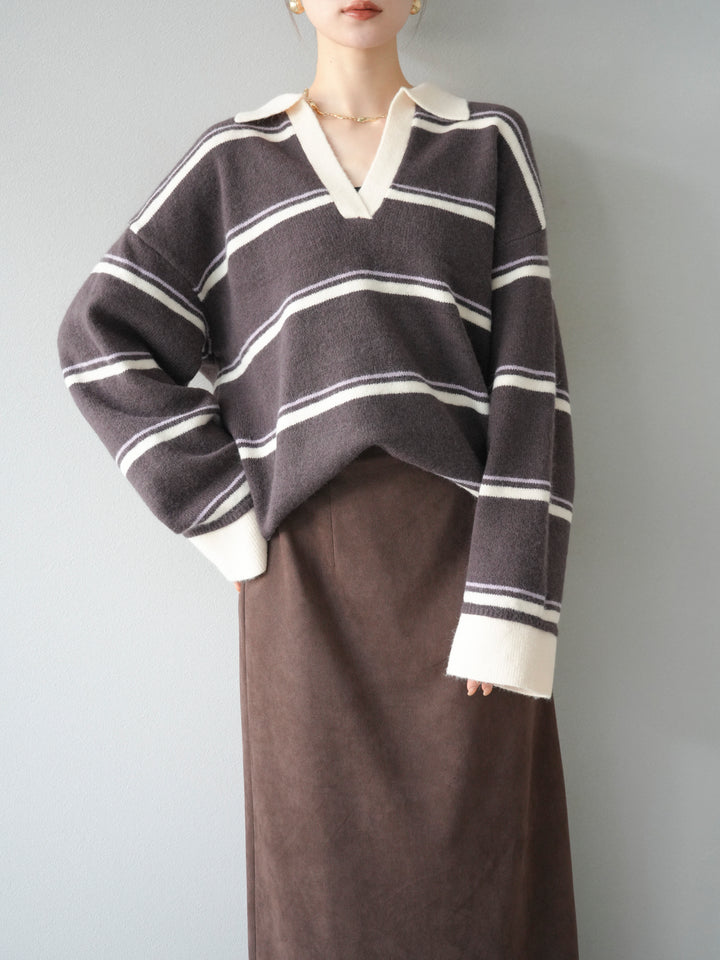 [予約]ポロ襟スキッパーボーダーニットプルオーバー/ブラウン