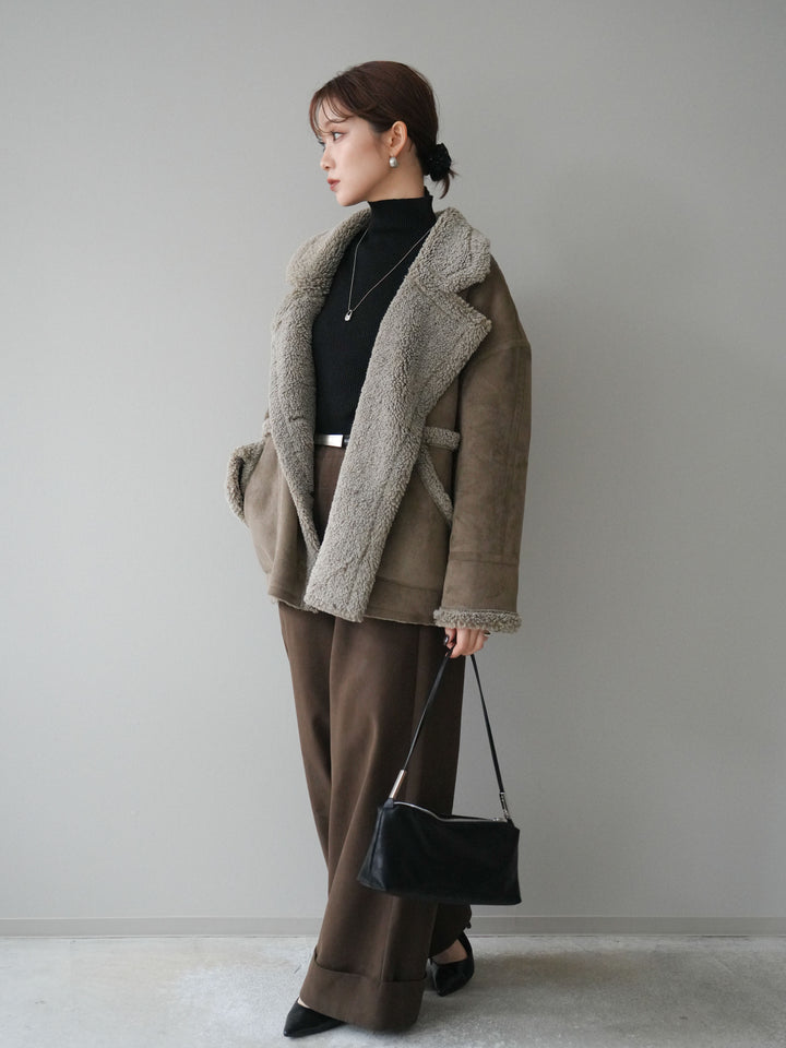 [予約]ベルト付き折り返しコットンツイルワイドパンツ/brown