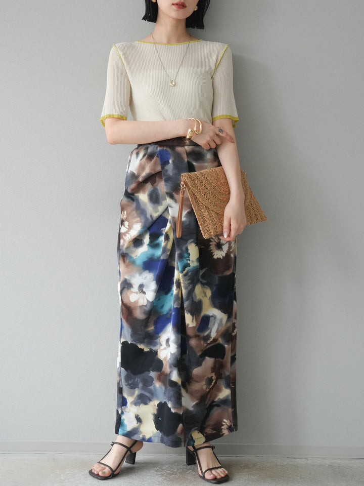 [予約]麻タッチ配色ニットハーフスリーブトップス/アイボリー