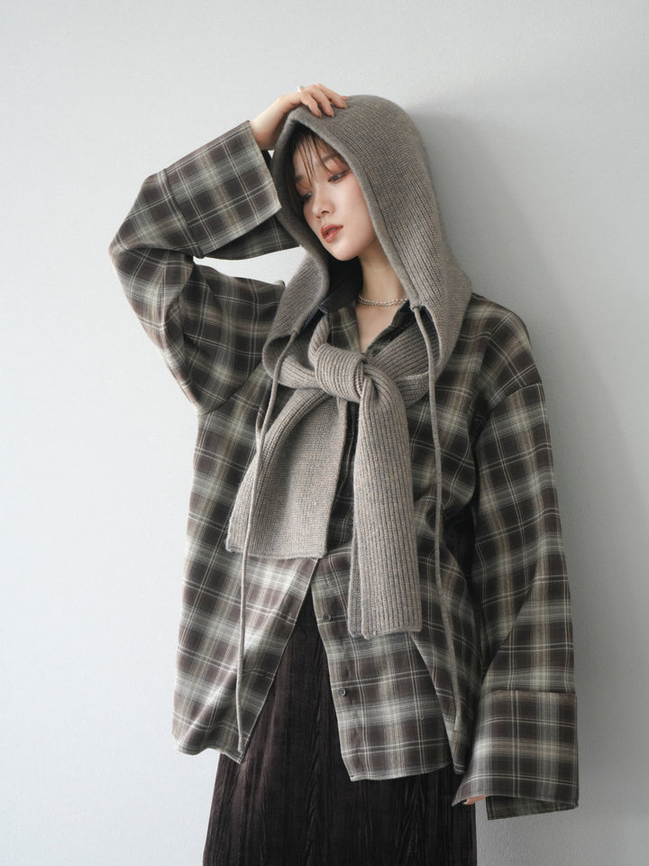 [SET]レザー襟オンブレチェックオーバーシャツ +クラッシュベロアナロースカート(2set)