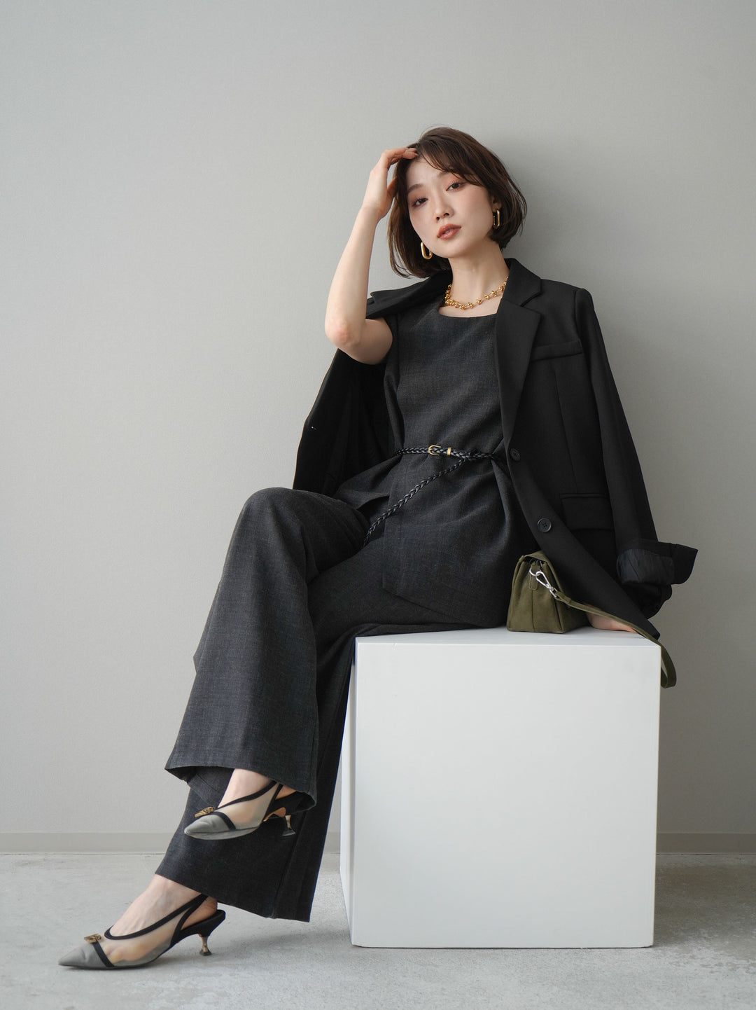 [SET]ベルト付ノースリーブトップス＆ワイドパンツSETUP