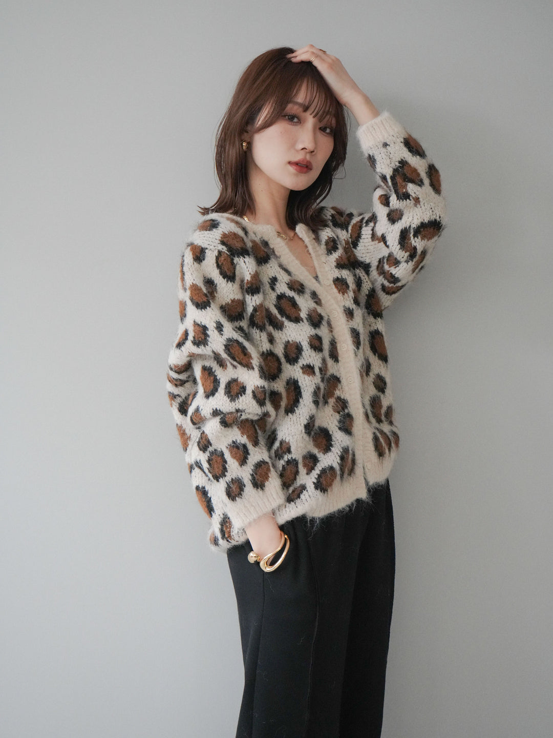 [予約]モヘアタッチレオパード柄ニットカーディガン/apricot