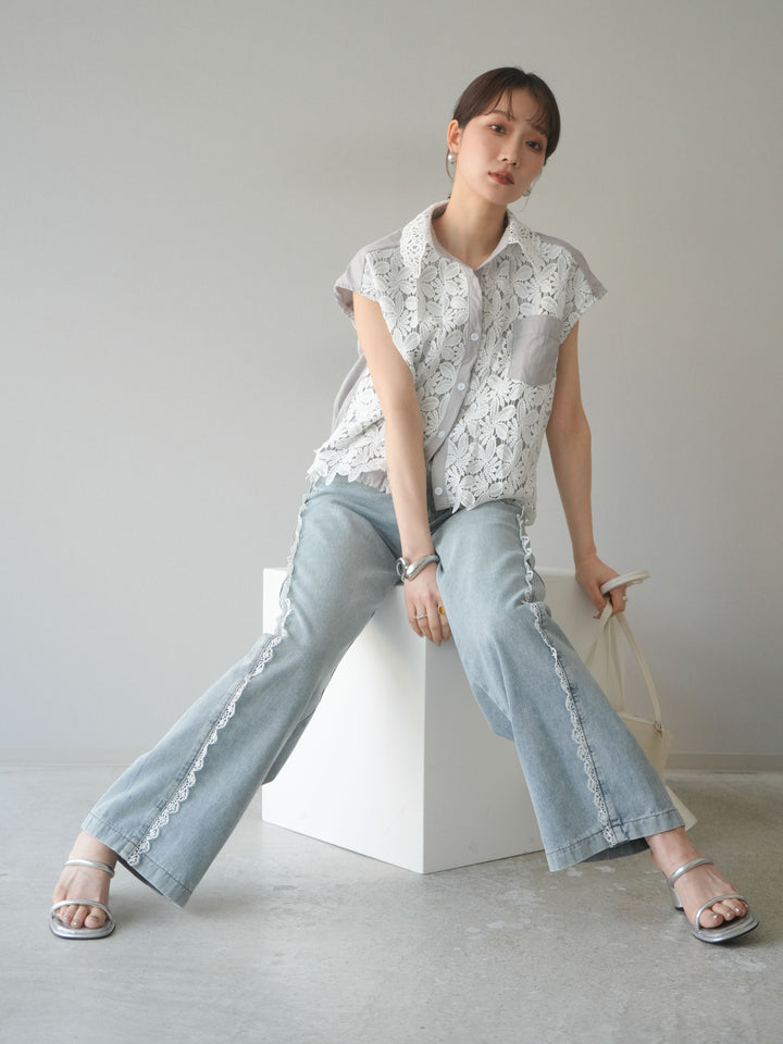 [予約]レースレイヤードドロストシャツ/グレー