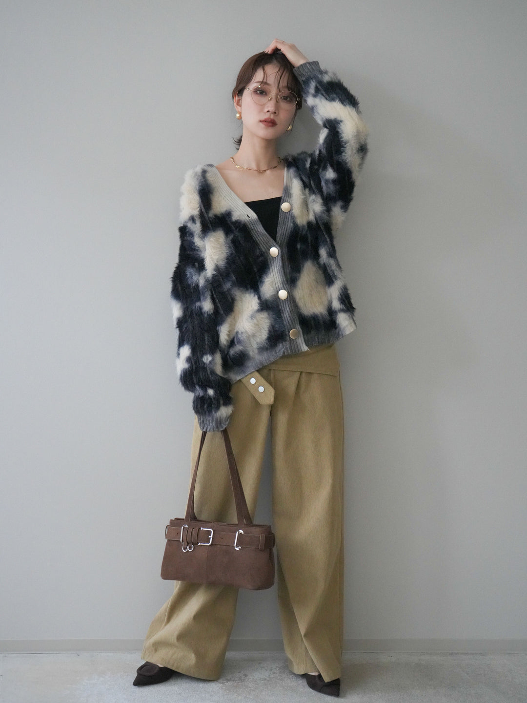 [SET]ニュアンス柄シャギーニットカーディガン+コーデュロイ巻きベルト付きパンツ(2set)