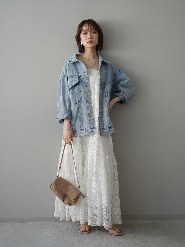[SET]ギャザー切替レースキャミワンピース+デザインBIGポケットオーバーデニムジャケット(2set)