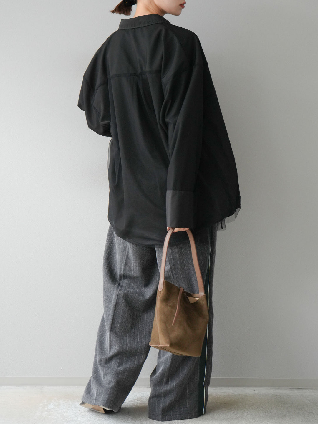 [予約]サイドラインストライプワイドパンツ/チャコール