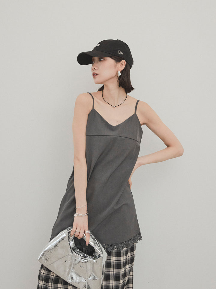 [予約]裾レース切替キャミミニワンピース/グレー