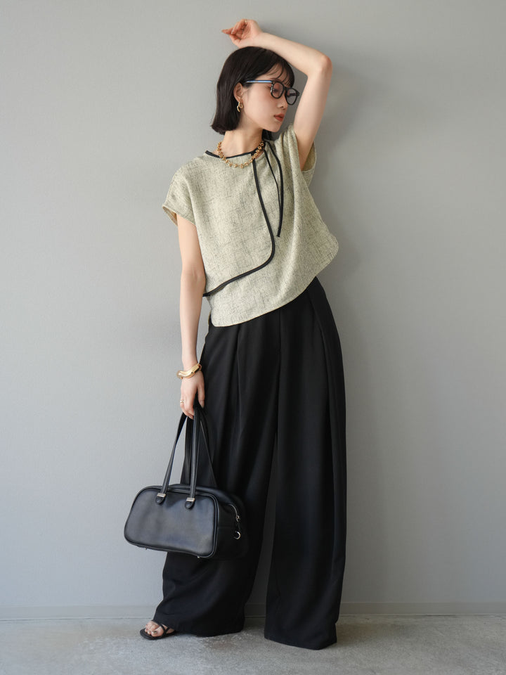 [SET]サマーツイードケープデザインプルオーバー+クレープシフォンタックワイドパンツ(2set)