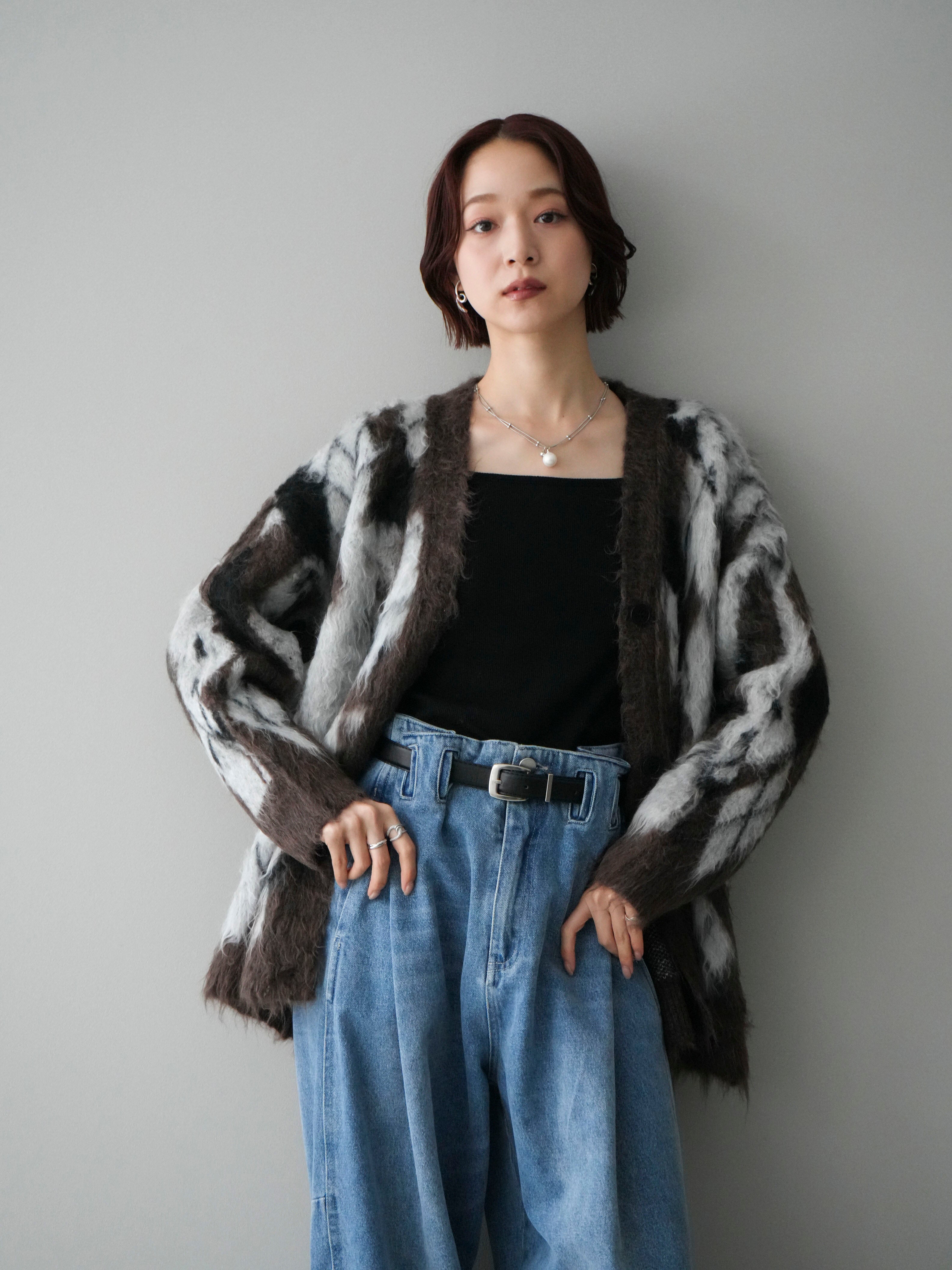 予約]アーガイル柄シャギーニットカーディガン/brown – Lumier