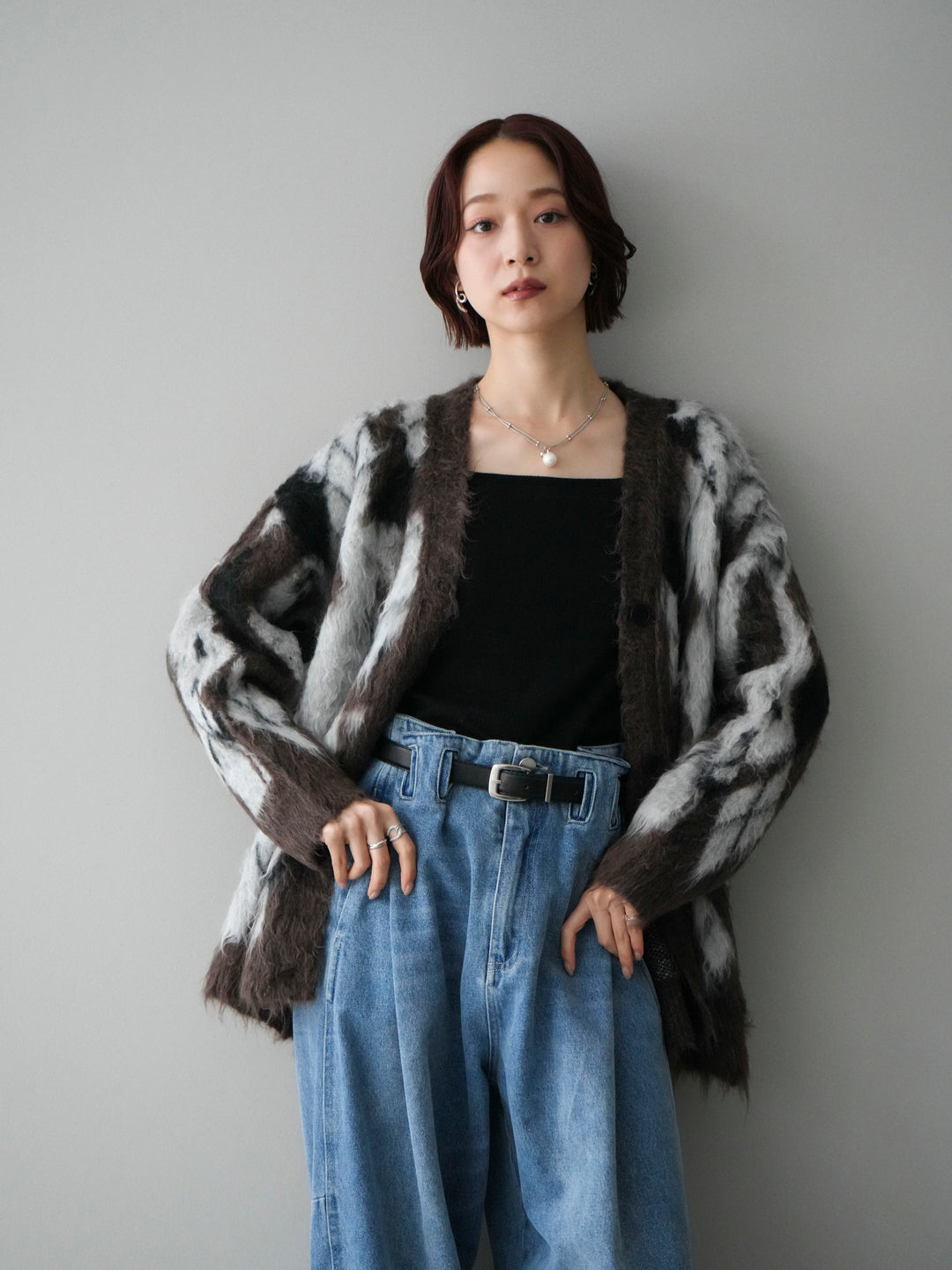 [予約]アーガイル柄シャギーニットカーディガン/brown