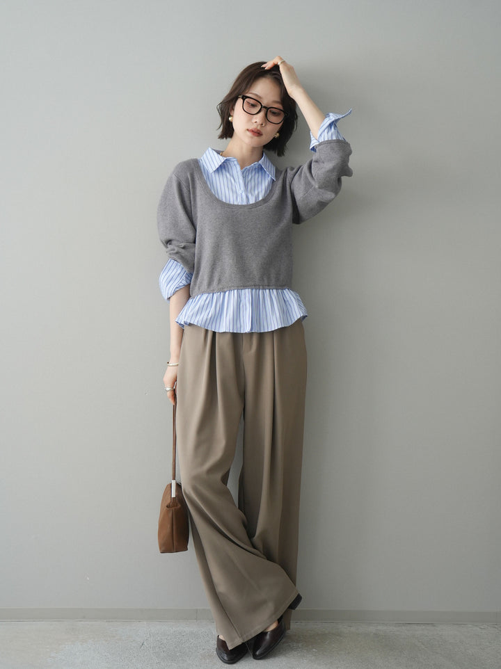 [SET]ストライプシャツUネックドッキングニットプルオーバー+ベルト付キーホルダーモチーフワイドパンツ(2set)