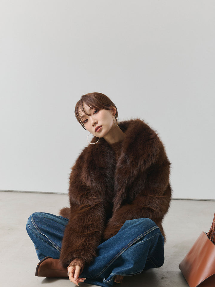 【Allure】[SET]フラワーレーストップス+サイドタックヴィンテージワイドデニム+フェイクファービックカラージャケット(3set)