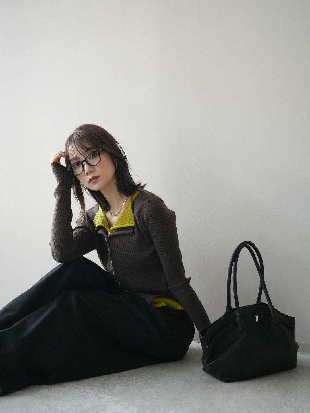 [予約]配色レイヤードリブニットカーディガン/brown